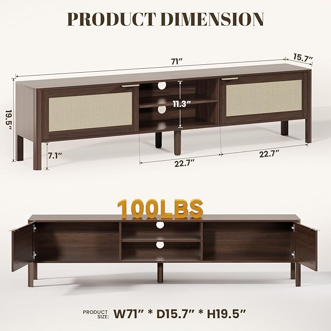 IKALIFE TV Stand for Living Room - Fits up to 65 Inch TVs, Rattan Media Console Table with Adjustable Shelves & 2 Storage Cabinets, Mid-Century Modern Entertainment Center, Walnut 58" - Image 2