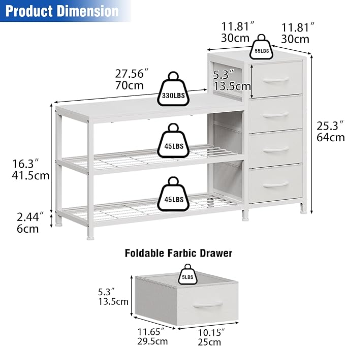 EXOTICA 3-Tier Shoe Storage Bench White Entryway Shoe Rack with 4 Drawers and Seating Shoe Shelf Storage Cabinet for Hallway Front Door Doorway Living Room Mudroom Steel Frame - Image 2