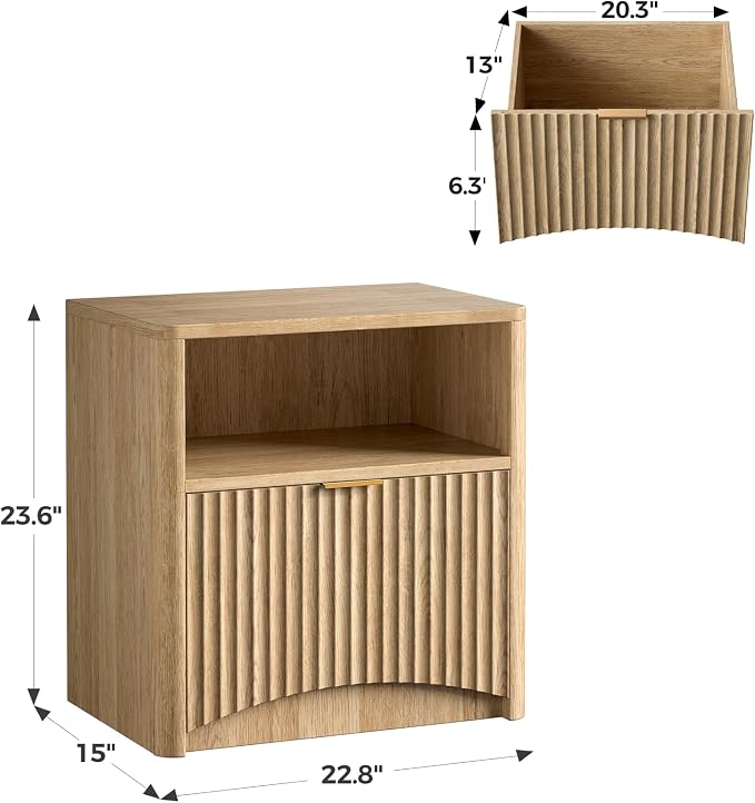 Evermagin Fluted Nightstand Set of 2, Natural Oak Bedside Table with Drawer and Storage, Wood End Table Mid Century Modern, Large Night Stand for Bedroom - Image 2
