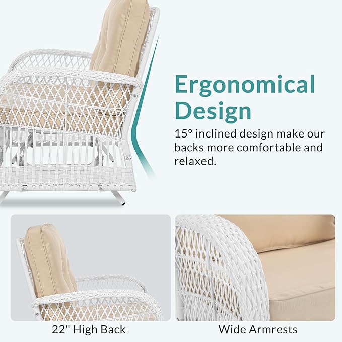 MEETWARM 5 Pieces Outdoor Patio Rattan Furniture Sets, All Weather Patio Wicker Conversation Set - 2 Rocking Swivel Chairs 1 Rattan Loveseat Glider with Cushions, 2 Coffee Table, White Wicker/Beige