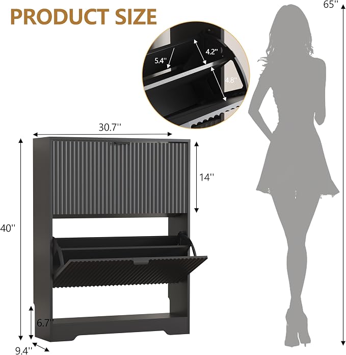 HUANLEGO Shoe Cabinet Storage for Entryway with 2 Flip Drawers, Black Fluted Shoe Cabinet with Open Storage, Wooden Hidden Shoe Rack Freestanding Narrow Slim Shoes Organizer for Hallway, Entrance - Image 2