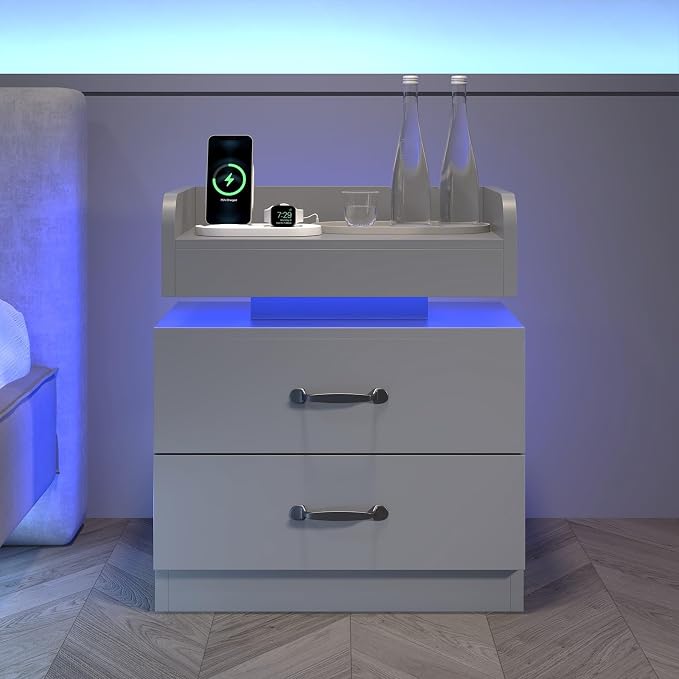 4ever2buy Grey Nightstand with Charging Station and LED Lights Modern Bedside Table with 2 Drawers End Table for Bedroom - Image 4