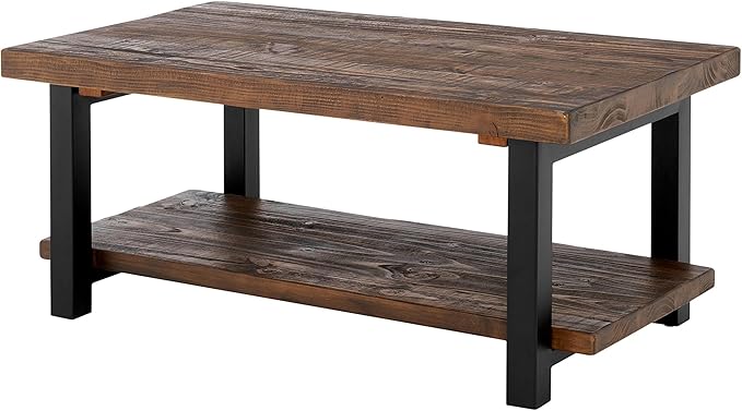 Alaterre Furniture Pomona Living Room Tables – 42 Inch Rectangular Solid Wood Coffee Table with Storage Shelf & Metal Legs – Rustic Industrial Farmhouse Living Room Table (Rustic Brown)