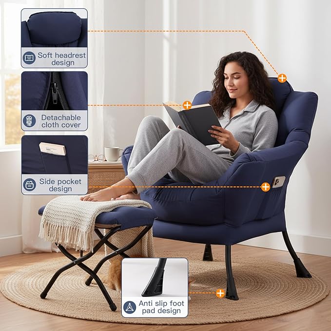 Lazy Chair with Ottoman, Large Accent Chair with Ottoman and a Throw Pillow, Navy Reading Chair for Living Room Bedroom Dorm Room Office Apartment Relaxing Use