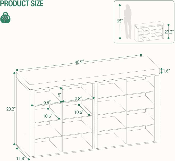 Hzuaneri Shoe Bench with Cushion, Entryway Storage Bench with 16 Cubbies, Cubby Shoe Rack with Adjustable Shelves, Shoe Organizer Cabinet for Living Room, Bedroom, Entryway, White SB25603GY - Image 2