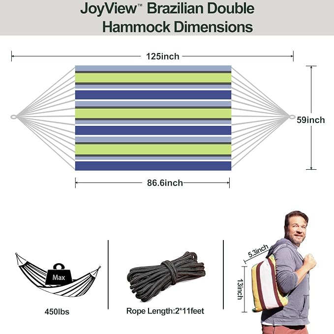 JoyView Brazilian Double Hammock with Hanging Ropes Extra Large 86.6x59” Portable Cotton Hammock for Patio Backyard Porch 450LBS Weight Capacity Perfect for Outdoor/Indoor - Blue & Green Stripes - Image 2