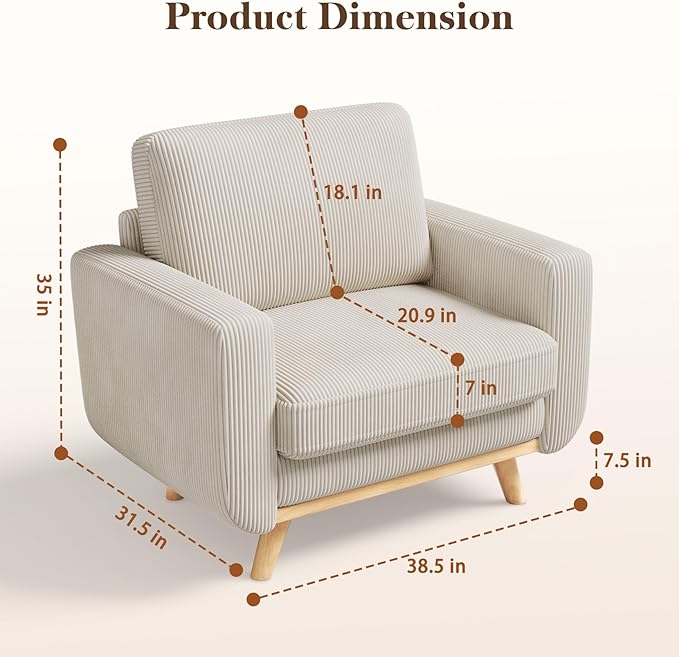 38.5" Light Gray Corduroy Accent Chair, Comfy Deep Seat Armchair with Spring Cushion, Modern Reading Sofa for Living Room Bedroom
