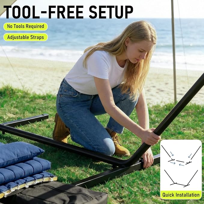 FULIYE Double Hammock with Stand for Outdoor，2 Person Heavy Duty Portable Hammock with Adjustable Steel Stand and Balance Ropes Included – for Patio, Backyard, Garden, Beach (Purplish Blue) - Image 3
