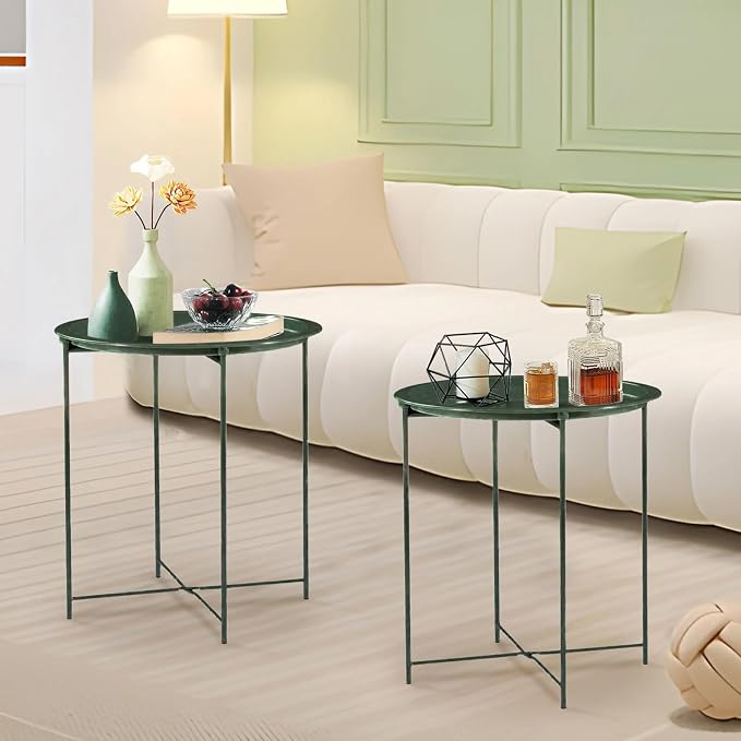 VECELO Side/End Table, Folding Round Metal Anti-Rust and Waterproof Outdoor or Indoor Tray for Living Room Bedroom Balcony and Office, 2 PCS, Dark Green - Image 5
