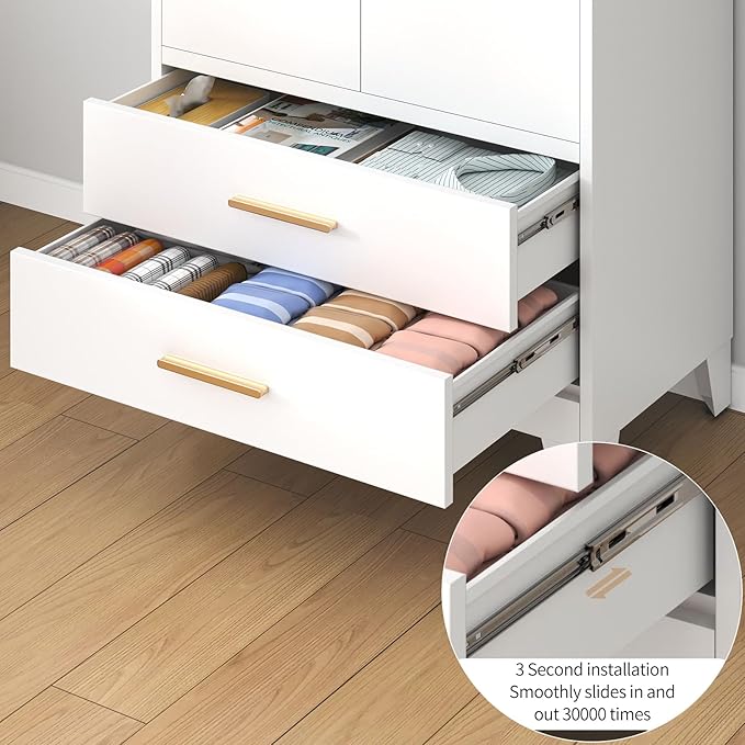 75.3" Tall Metal Armoire Wardrobe Closet with 2 Doors and 2 Drawers, Adjustable Hanging Rod and Adjustable Shelf, Freestanding Storage Cabinet Organizer for Bedroom, Office, Laundry Room，White