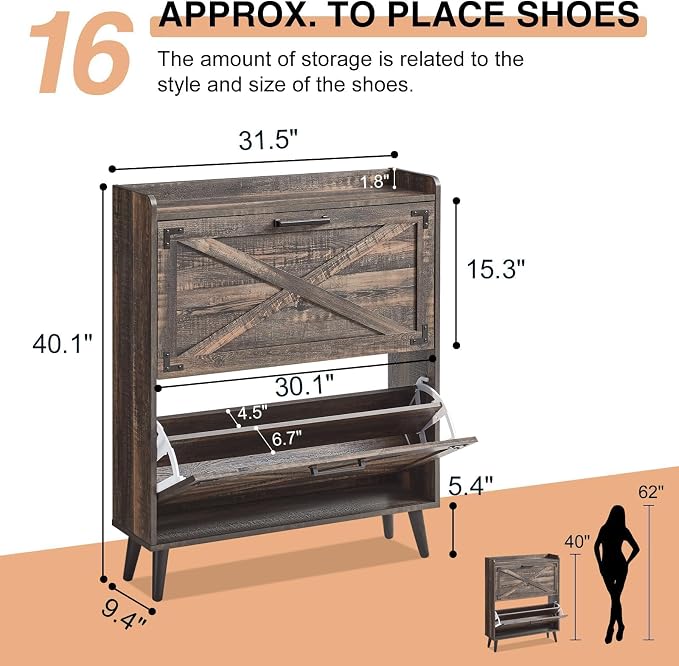 Barnyatoh Shoe Storage Cabinet,Farmhouse Shoe Organizer with 2 Flip Drawers & Barn Door Design,Freestanding Hidden Slim Narrow Shoe Rack Cabinet for Entryway,Foyer,Hallway,Dark Oak - Image 2