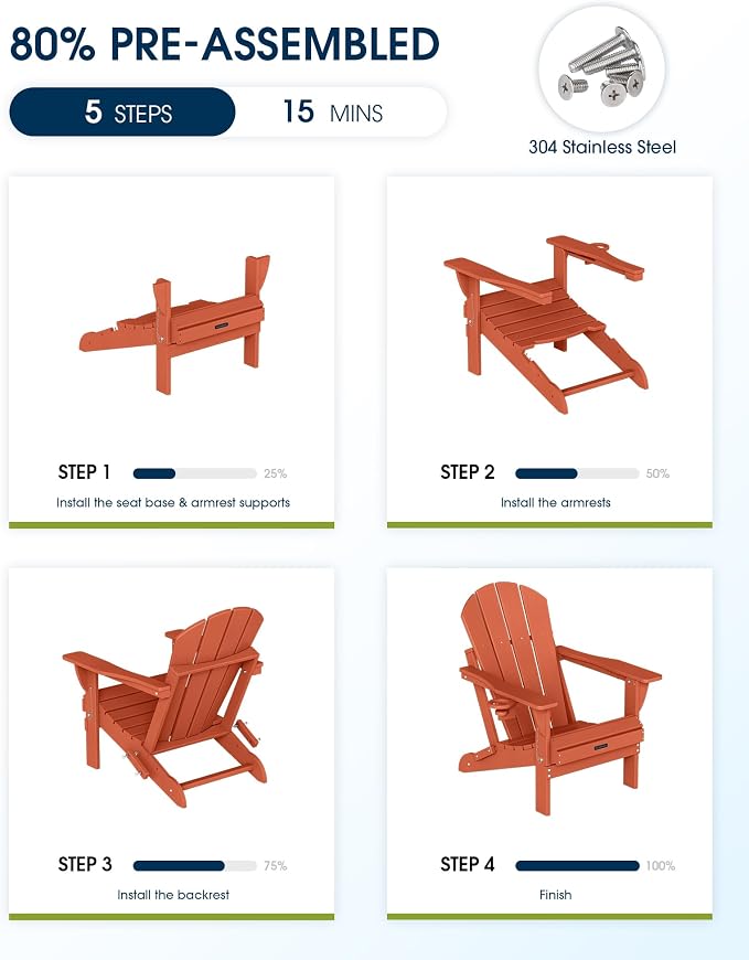 MUCHENGHY Folding Adirondack Chairs, Patio Chairs, Lawn Chairs, Outdoor Chair, Adirondack Chair Plastic, Fire Pit, Weather Resistant with Cup Holder for Deck, Backyard, Garden(Orange) - Image 5