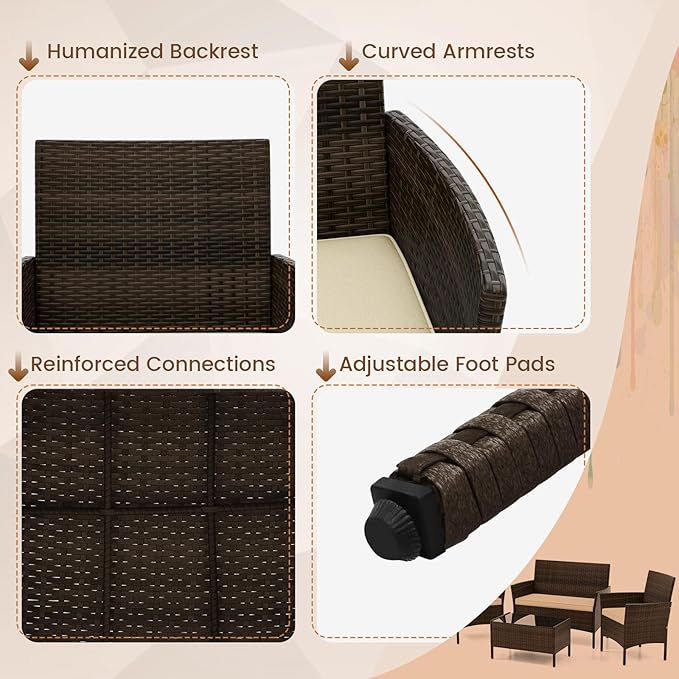 DORTALA Wicker Patio Furniture Set 4 Piece, Outdoor PE Rattan Table & Chairs Set with Tempered Glass Coffee Table, Loveseat, Cushions, Conversation Set for Balcony, Porch, Backyard, Deck, Beige