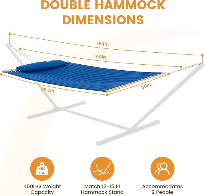 Lazy Daze 12 FT Double Quilted Fabric Hammock with Spreader Bars and Detachable Pillow, 2 Person Hammock for Outdoor Patio Backyard Poolside, 450 LBS Weight Capacity, Dark Blue/Natural - Image 2