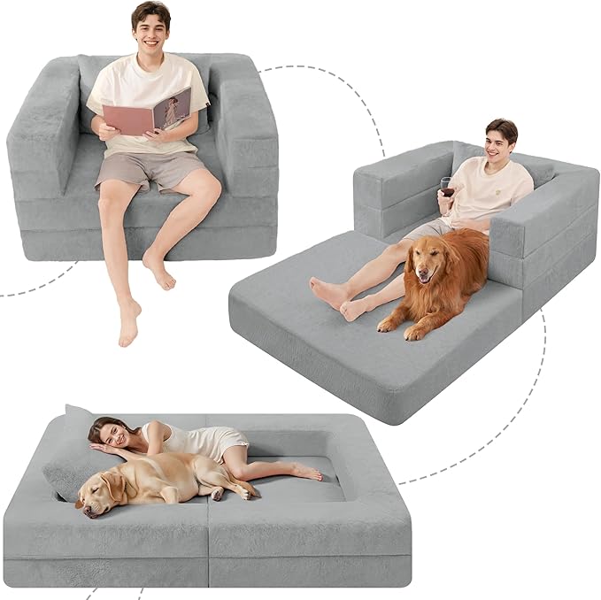 Futon Sofa Bed with Pillow, 3-in-1 Sleeper Sofa Bed with Removable Cover, Convertible Floor Sofa Bed, No Assembly Boneless Couch for Living Room, Bedroom