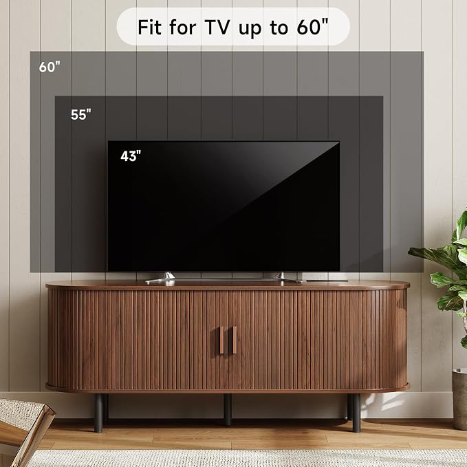 ONBRILL 55" TV Stand with Power Outlet for TVs up to 60 Inch, Entertainment Center with Storage and Adjustable Shelves, Modern Media Console with Sliding Doors for Living Room, Walnut - Image 6