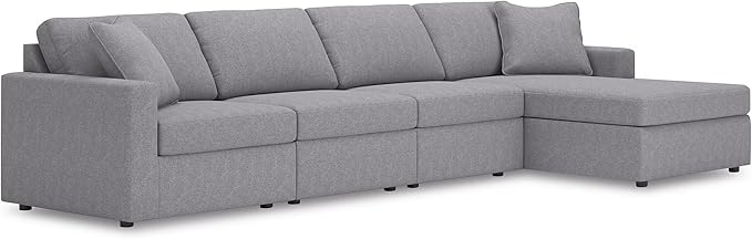 Signature Design by Ashley Modmax Stain Resistant Minimalist Modular Anti Sag Right-Arm Facing 4-Piece Sectional with Chaise, Loose Reversible Cushions and 2 Accent Pillows, Light Gray