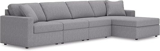 Signature Design by Ashley Modmax Stain Resistant Minimalist Modular Anti Sag Right-Arm Facing 4-Piece Sectional with Chaise, Loose Reversible Cushions and 2 Accent Pillows, Light Gray