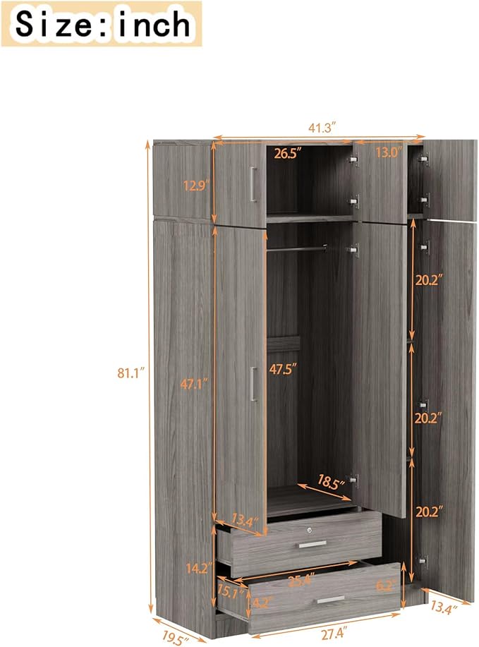Merax 3 Doors Wardrobe with Mirror Door and Top Cabinet, Wooden Closet Wardrobe Organizers with Hanging Rail, 2 Drawers and 4-Tier Storage Shelves for Bedroom, Laundry Room, Gray
