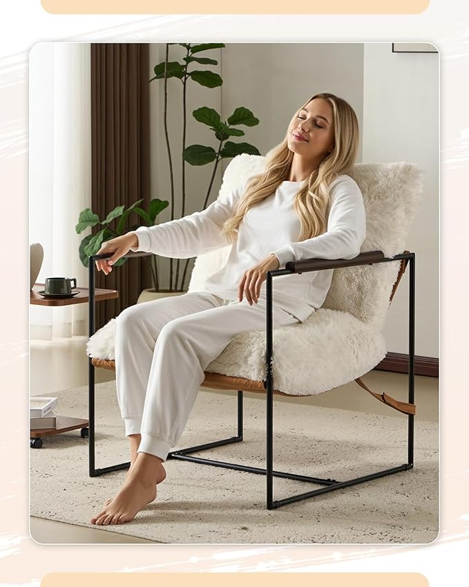 Karl home Modern Accent Chair Plush Fleece Upholstered Living Room Chair with Metal Frame Wooden Armrest Comfy Lounge Armchair for Living Room, Bedroom, Balcony, Reading Room, Creamy