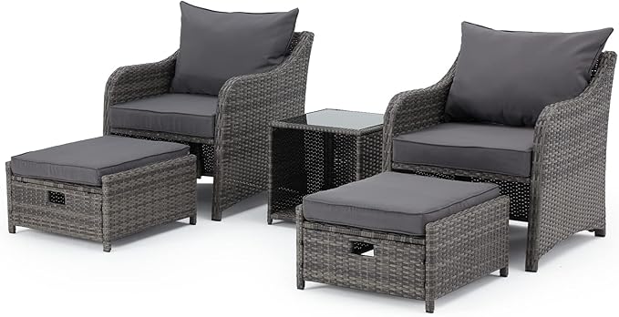 HOMREST 5 Piece Balcony Furniture, All Weather PE Wicker Rattan Patio Furniture Set, Cushioned Patio Chairs Set of 2 w/Ottoman&Table, Outdoor Lounge Chair for Lawn Pool Balcony, Grey