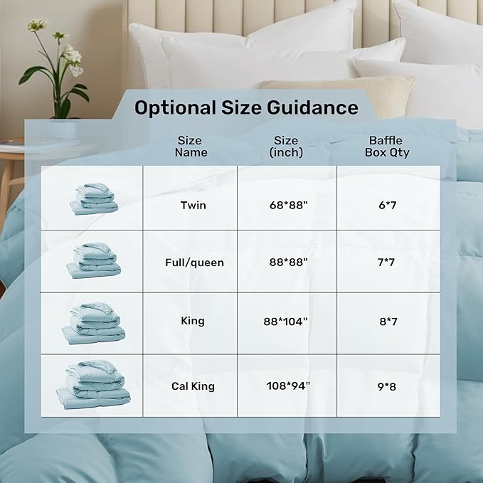UNIKOME Goose Feather Down Fiber Comforter Queen Size, All Season Duvet Insert with Soft Downproof Cover, Cloud-Like Fluffiness Bed Comforters with Corner Tabs (Full/Queen, Blue, 88"X88")