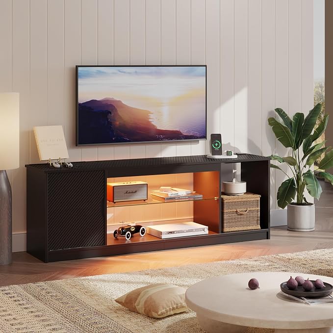 Bestier TV Stand with Power Outlets for Bedroom, Gaming TV Stand for 65inch TV, Black Entertainment Center for PS5, TV Console with Adjustable Glass Shelves for Living Room, Black - Image 8
