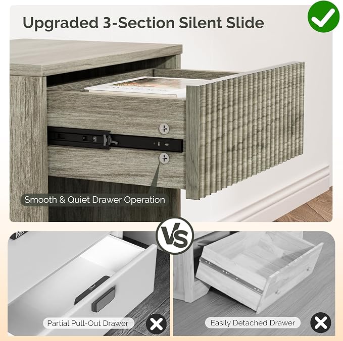 VINGLI Floating Nightstand Set of 2 Gray Fluted Nightstands with 1 Drawer, Grey Night Stand for Bedroom, Wood Bed Side Table, Fluted Nightstand End Table for Bedroom and Living Room - Image 3