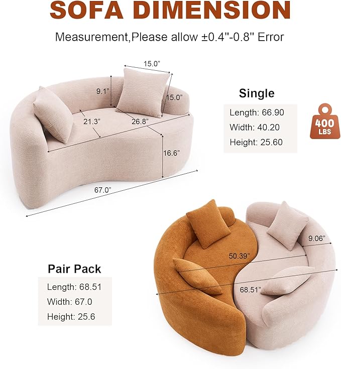 KEIKI S-Curved Loveseat Chenille Couches with 2 Pillows, Upholstered Luxury Plush Cloud Sectional Sofa for Living Room Apartment, Full Sponge Compression