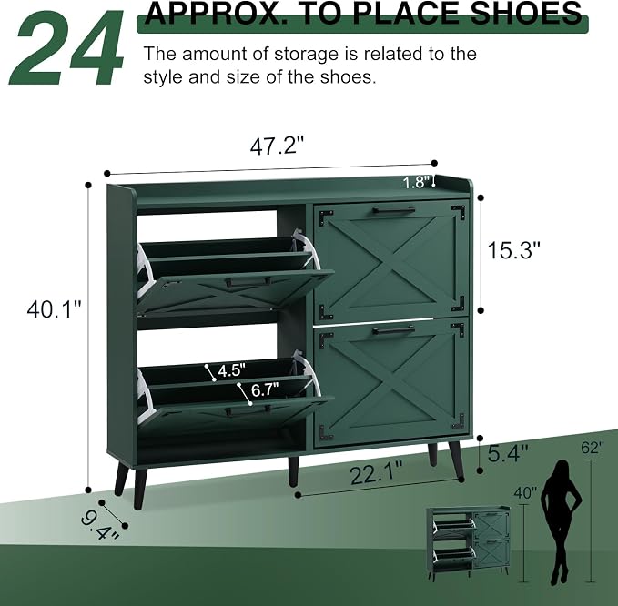 Barnyatoh Shoe Storage Cabinet,Farmhouse Shoe Organizer with 4 Flip Drawers & Barn Door Design,Freestanding Hidden Slim Narrow Shoe Rack Cabinet for Entryway,Foyer,Hallway,Green - Image 2