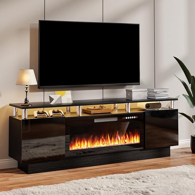 TAVATA 70" Fireplace TV Stand with 36" Fireplace for TVs up to 80", Modern Wooden Entertainment Center with LED Lights for Living Room Bedroom, High Gloss TV Console Cabinet with Open Shelf, Black by TAVATA