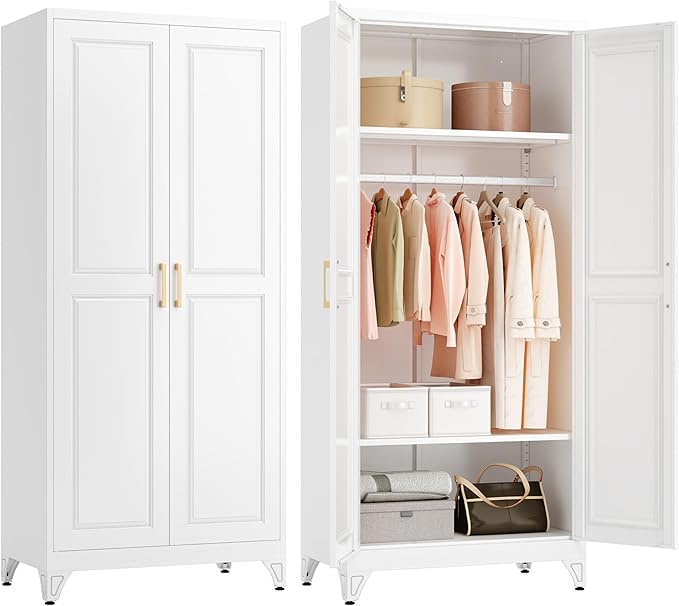 Polup Metal Armoire Wardrobe Closet with Doors and Shelves, 71" Tall Freestanding Wardrobe Cabinet for Hanging Clothes, Large Closet with Hanging Rod for Bedroom, Office, School, Employee, Gym, White