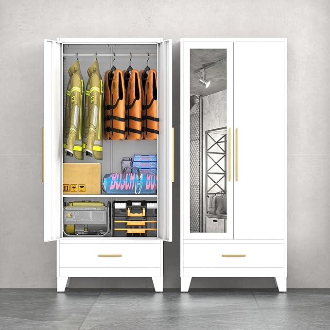 75.3" Tall Metal Armoire Wardrobe Closet with Mirror Doors and Drawer, Adjustable Hanging Rod and Adjustable Shelf, Freestanding Storage Cabinet Organizer for Bedroom, Office, Laundry Room, White