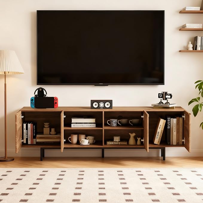70.87" Mid-Century Modern TV Stand, Entertainment Center with 4 Storage Cabinets, Media Console Table for Living Room & Bedroom,Walnut - Image 5