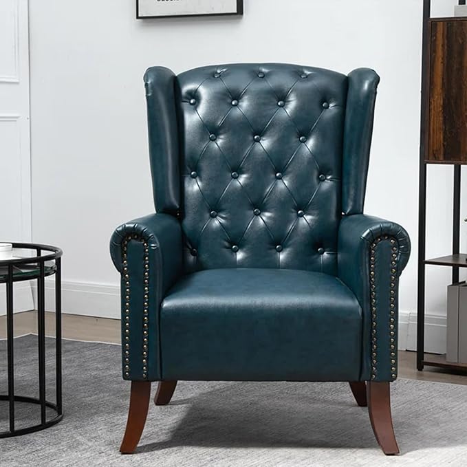 Faux Leather Accent Chair, Mid-Century Armchair Upholstered Club Sofa Chair with Wooden Legs, High Back Living Room Chair for Bedroom, Office, Lounge (Blue)