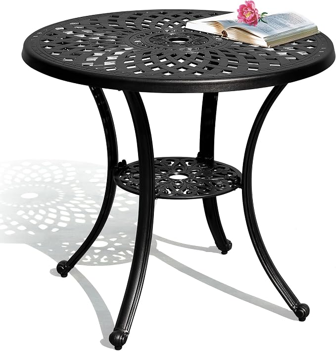 DWVO 30 Inches Round Patio Dining Table with Umbrella Hole, Antique Cast Aluminum Outdoor Bistro Table Outdoor Side Table for Backyard, Garden, Patio, Porch, Black by DWVO