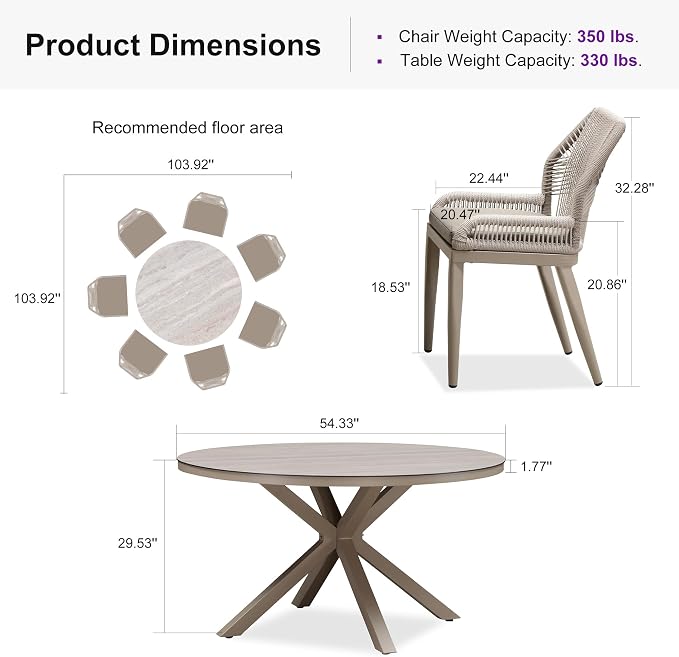 PURPLE LEAF 7 Pieces Round Dining Set Patio Aluminum Modern Round Table and Wicker Chairs with Cushions for Kitchen Backyard Garden Outdoor Furniture Sets, Champagne - Image 9