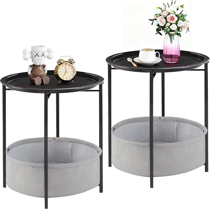 VECELO Round Side/End Table with Fabric Storage Basket，Metal Anti-Rust and Waterproof Small Bedside Nightstand with Removable Tray Top for Living Room，Balcony & Laundry，Black /2pcs with Basket by VECELO