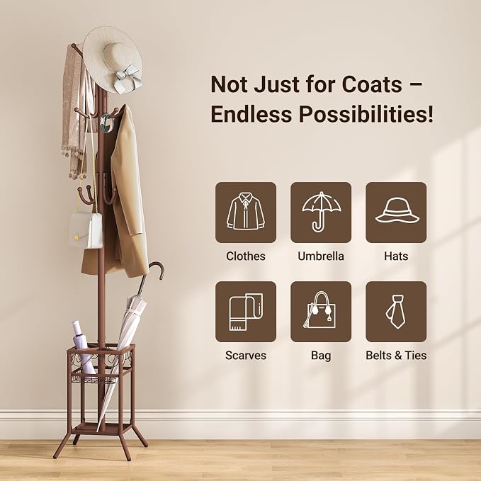 ELYKEN Coat Rack Freestanding, Metal Coat Rack Stand with Umbrella Holder, Modern Coat Tree with 12 Hooks, Floor Standing Corner Hall Tree for Entryway Living Room Bedroom Office, Brown - Image 9