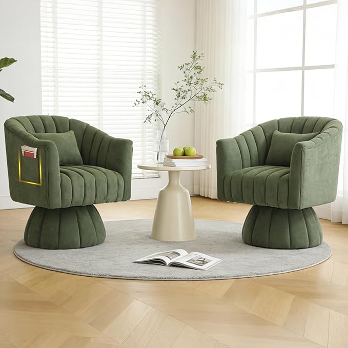 ClinQ Swivel Barrel Chair with Pillow & Side Pocket, 360° Cloud Velvet Round Swivel Accent Chair, Upholstered Cuddle Reading Lounge Chair for the Living Room, Bedroom, Office, Green-Vertical Stripes