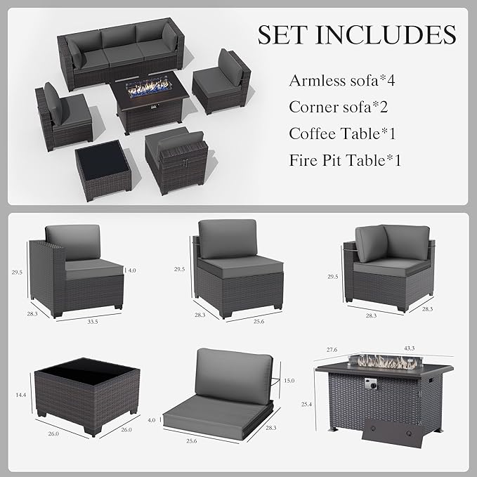 Gotland 8 Pieces Patio Furniture Set with Fire Pit Table, All Weather Rattan Outdoor Furniture with 29.5'' High Backrest 4’’ Thick Cushions Coffee Table, Outdoor Sectional for Porch, Deck, Gray