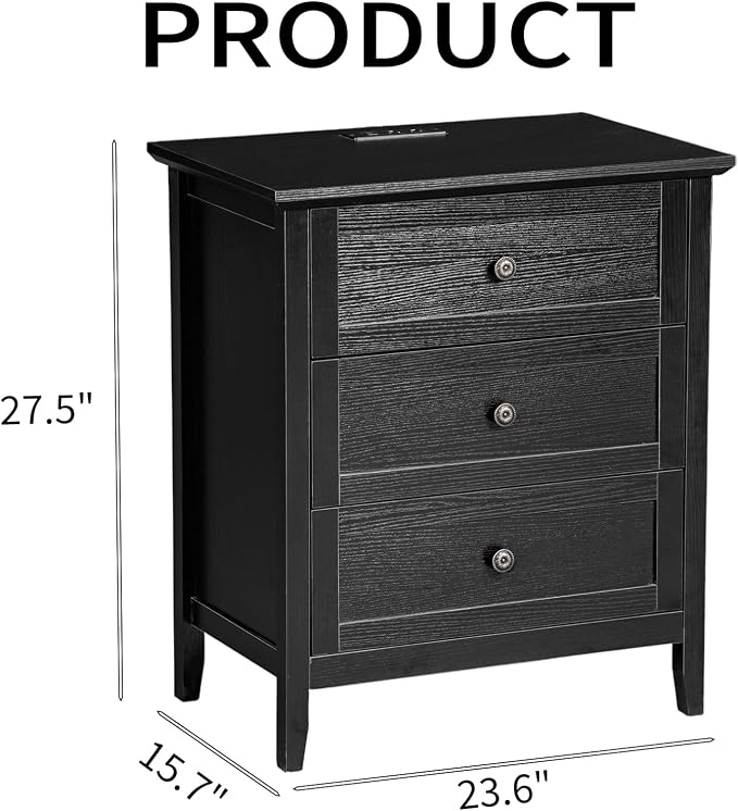 Karl home Farmhouse Nightstand with Charging Station, Wide End Table with 3 Large Drawers & Mental Handles, Wood Small Side Table of Drawers for Bedroom, Closet, Black - Image 3