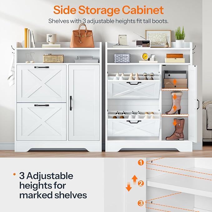 HOOBRO Slim Shoe Cabinet with 2 Flip Drawers & Side Storage, Narrow Shoe Storage Cabinet for Entryway, Wooden Shoe Organizer for Small Spaces, Adjustable Shelves, White WT90SC01US - Image 4