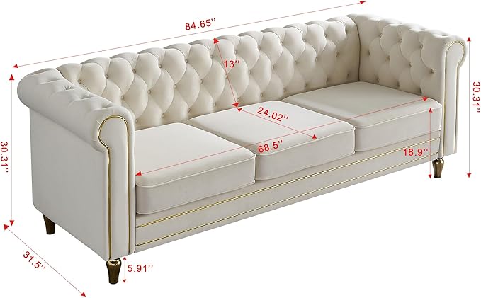 KEIKI 85" Chesterfield Velvet Tufted Button Sofa with Deep Seat Cushions and Rolled Arms, Modern Style 3-Seater Couch Decorated with Gold Strip, Easy Assembly, for Living Room, Bedroom, Office, Beige