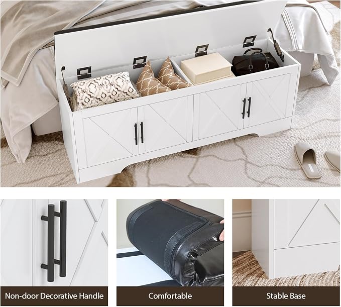 DreamDashio Farmhouse Storage Bench with Lift Top Storage, 47.2" Entryway Bench with Cushioned Seat, End of Bed Bench, Wooden Storage Chest Trunks, for Entryway, Bedroom, Living Room,White - Image 4