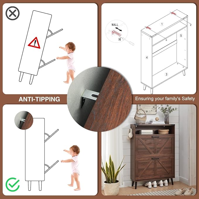 Barnyatoh Shoe Storage Cabinet,Farmhouse Shoe Organizer with 2 Flip Drawers & Barn Door Design,Freestanding Hidden Slim Narrow Shoe Rack Cabinet with Open Storage for Entryway, Foyer,Hallway, Walnut - Image 6