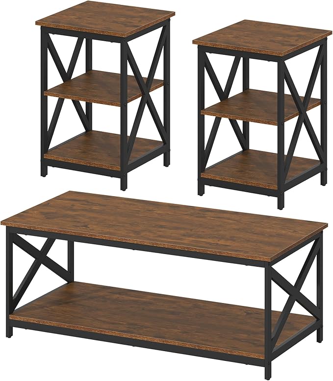 Bigbiglife Living Room Coffee Table Set of 3, Industrial X-Design Coffee Table and 2 End Side Tables, 3 Piece Living Room Table Set with Large Storage for Apartment Home (Rustic Brown)