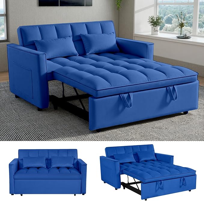 3 in 1 Pull Out Sofa Bed, 54" Sleeper Sofa Bed with 3-Level Adjustable Backrest, Velvet Fabric Loveseat Sleeper Couch for Living Room & Bedroom & Apartment & Dorm Furniture, Blue