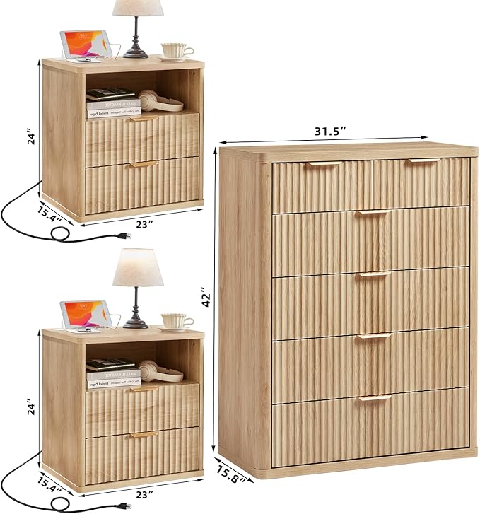 LEYAOYAO 42" Tall Fluted Dresser and 2 Drawers 23" Nightstand Set of 2, Wooden Dresser & Night Stand with Charging Station, 3 Piece Bedroom Furniture Set, Wood Chest of Drawer for Living Room,Natural