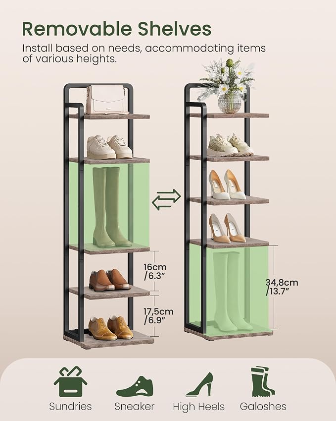 CHOEZON 6-Tier Vertical Shoe Rack, Narrow Shoe Tower, Corner Shoe Storage Organizer, Shoe Shelf, for Small Spaces, Industrial Style, for Entryway, Hallway, Living Room, Greige and Black TXJ06BG - Image 3